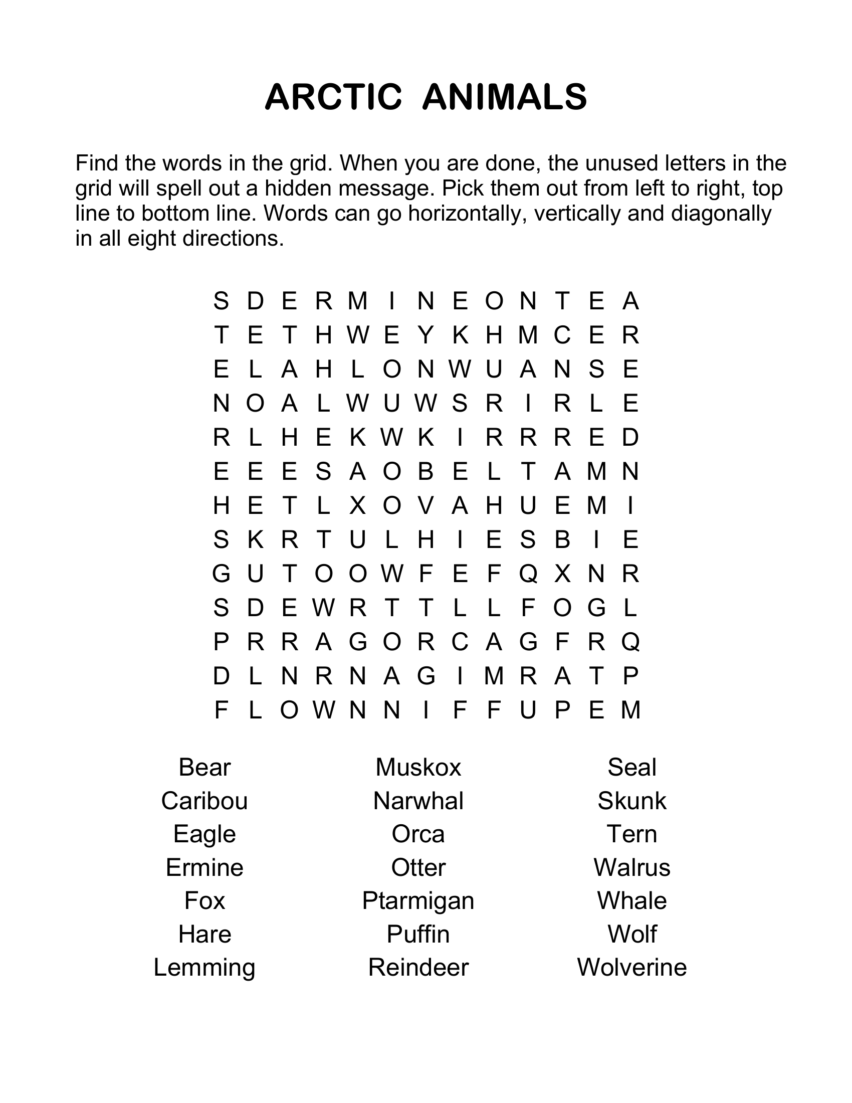 Tuesday Word Search Arctic Animals