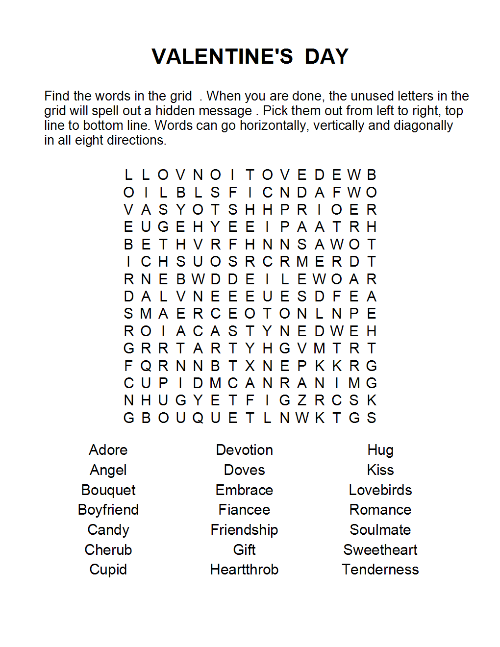 WORD SEARCH PUZZLE VALENTINE'S DAY